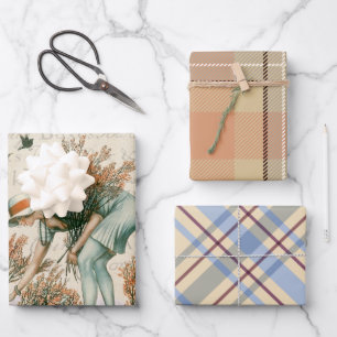 Feuille De Papier Cadeau Rustique d'anniversaire tartan plaid couleurs natu