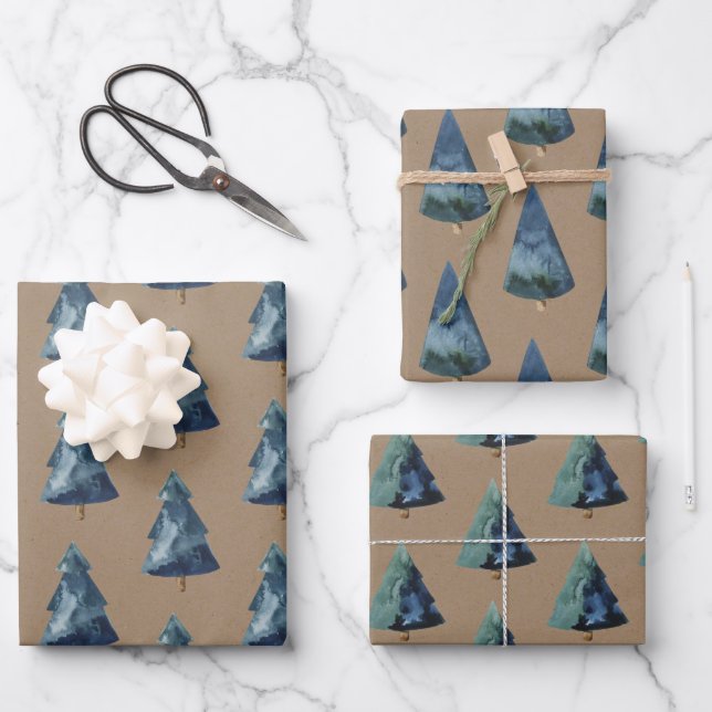 Feuille De Papier Cadeau Rustique Kraft Bleu et épinette verte (Recto)