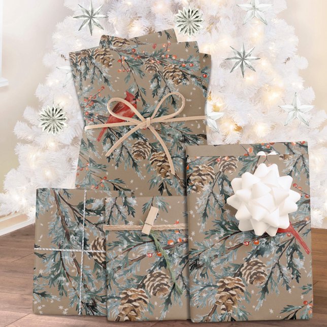Feuille De Papier Cadeau Rustique Kraft Cardinal Juniper Branches Berries 2 (Créateur téléchargé)