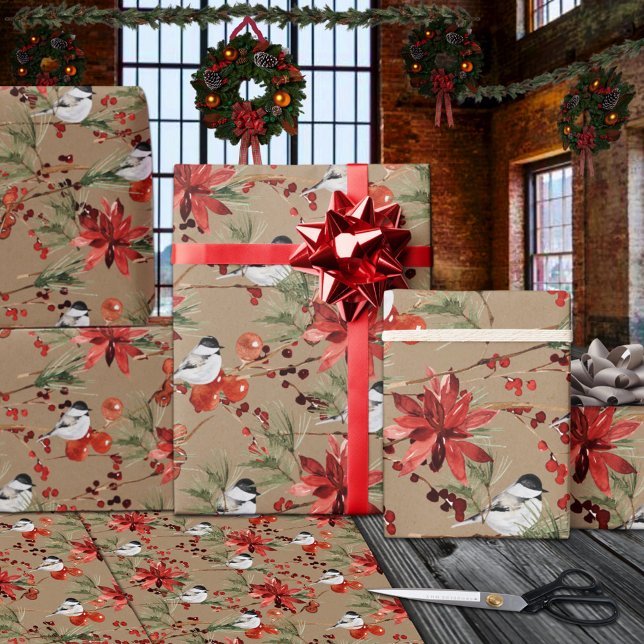 Feuille De Papier Cadeau Rustique Kraft Chickadees Red Beries & Poinsettias (Rustic Kraft Chickadees Red Beries & Poinsettias Wrapping Paper Sheets)