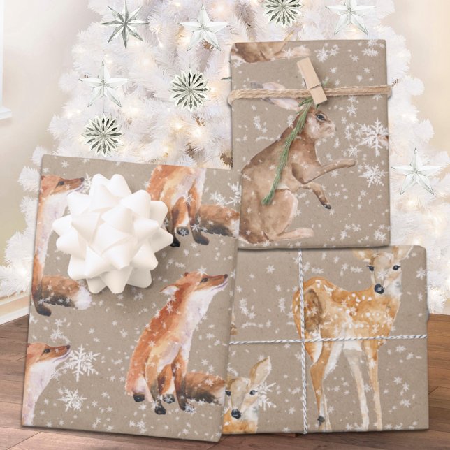 Feuille De Papier Cadeau Rustique Kraft Elégant Snowy Winter Animaux 2 (Créateur téléchargé)