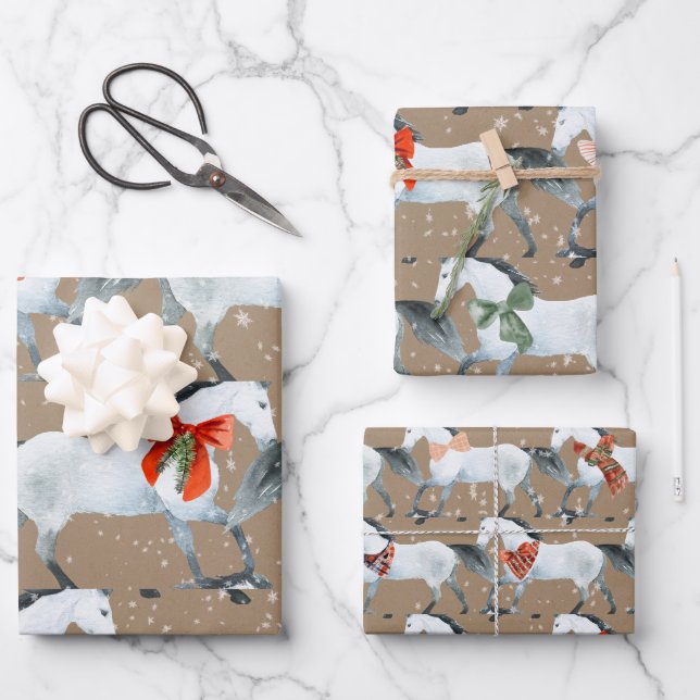 Feuille De Papier Cadeau Rustique Kraft Hiver Chevaux de vacances blancs (Recto)