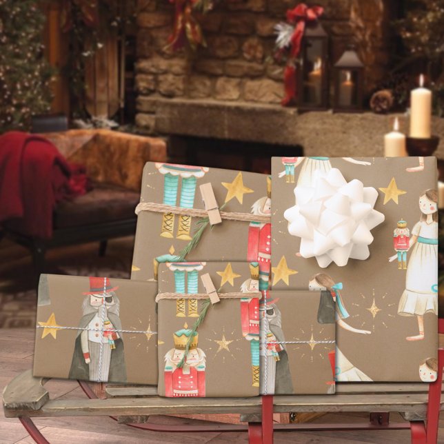 Feuille De Papier Cadeau Rustique Kraft Le Casse-Noisette Ballet Noël (Rustic Kraft Nutcracker Christmas Holiday 1 Gift Wrapping Paper Sheets Trio)