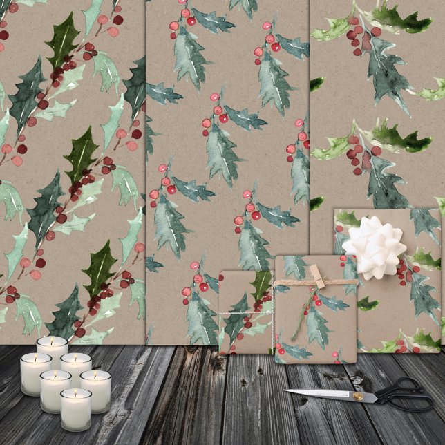 Feuille De Papier Cadeau Rustique Kraft Noël Floral Holly Red Berries (Rustic Kraft Christmas Floral Holly Red Berries Holiday Gift Wrapping Paper  Sheets Trio)