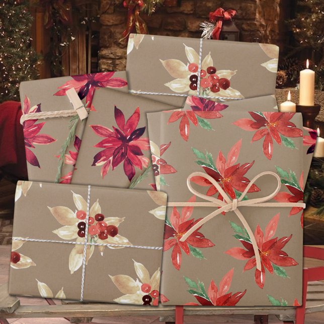 Feuille De Papier Cadeau Rustique Kraft Rouge & Blanc Foral Vacances Poinse (Rustic Kraft Red & White Holiday Poinsettias Floral Gift Wrapping Paper Sheets Trio)