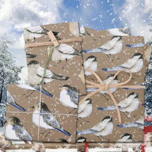 Feuille De Papier Cadeau Rustique Kraft Snowy Black & Blue Chickadee Birds