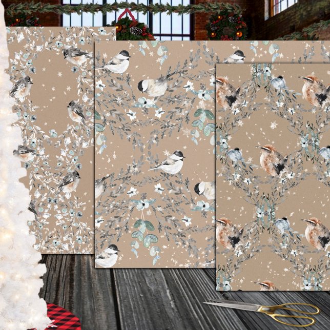 Feuille De Papier Cadeau Rustique Kraft Snowy Winter Birds Nidification (Rustic Kraft Snowy Dusty Blue Winter Birds Nesting Christmas Holiday Gift Wrapping Paper Sheets Trio)