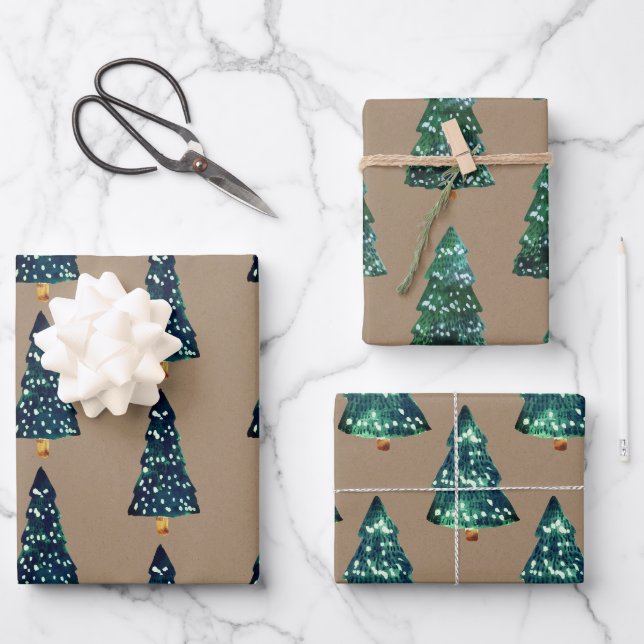 Feuille De Papier Cadeau Rustique Kraft Vert Éclairer les arbres de Noël (Recto)