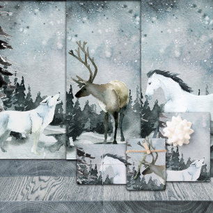 Feuille De Papier Cadeau Rustique Kraft Woodland Winter Scene Wolf Stag Hor