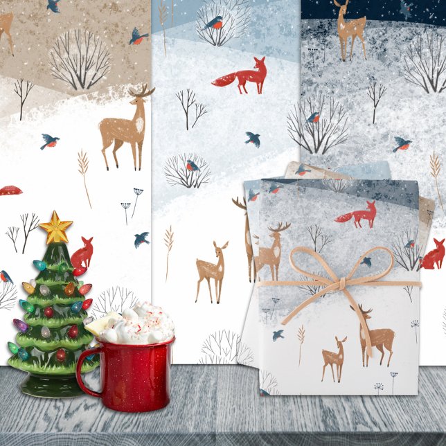 Feuille De Papier Cadeau Rustique Nordic Winter Fox Deer Snowy Mountain (Winter Fox Deer Snowy Mountain Christmas Holiday Wrapping Paper Sheets Trio)