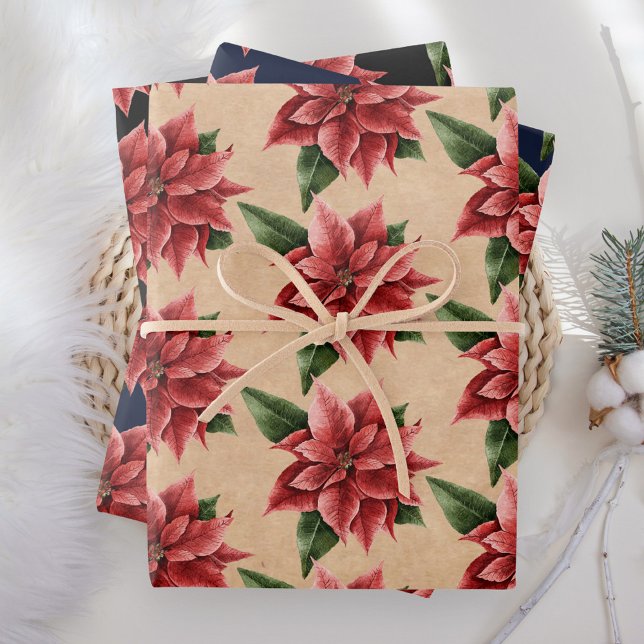 Feuille De Papier Cadeau Rustique Rouge Poinsettia Motif Floral Noël (Créateur téléchargé)