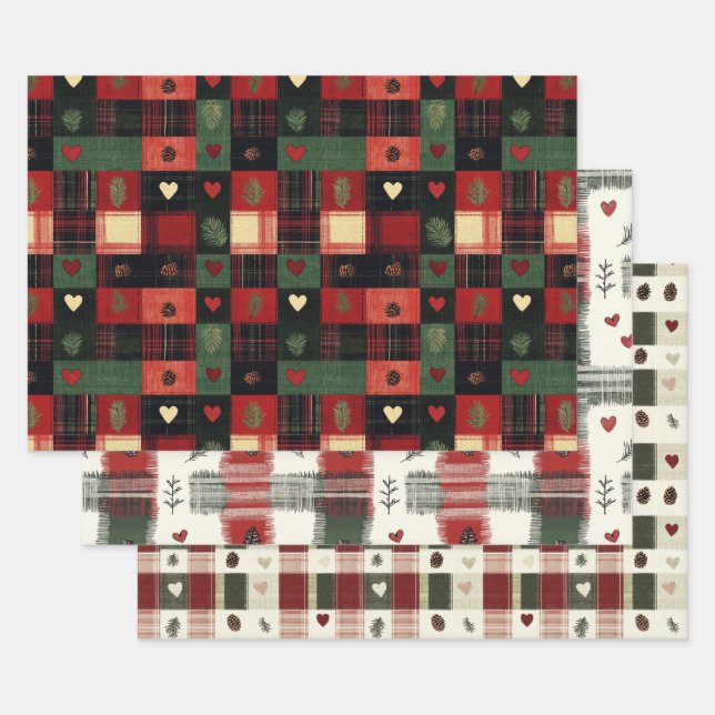 Feuille De Papier Cadeau Rustique Rouge Vert Plaid Coeurs Noël (Lot)