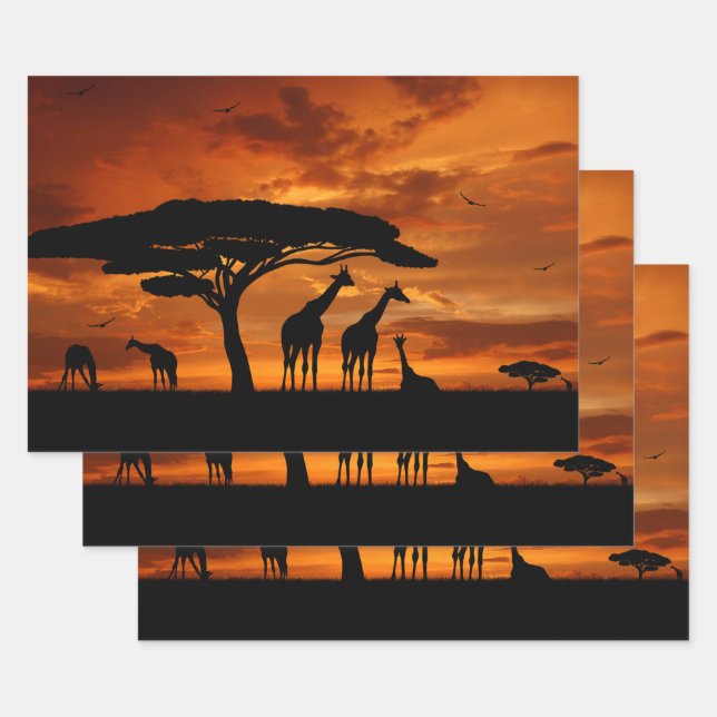Feuille De Papier Cadeau Safari africain au coucher du soleil (Lot)