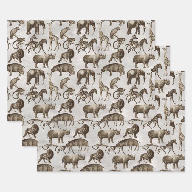 Feuille De Papier Cadeau Safari Animaux à gris clair (Lot)