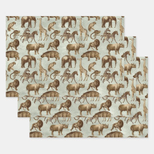 Feuille De Papier Cadeau Safari Animaux sur vert clair