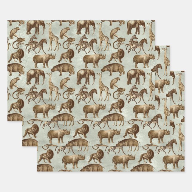 Feuille De Papier Cadeau Safari Animaux sur vert clair (Lot)