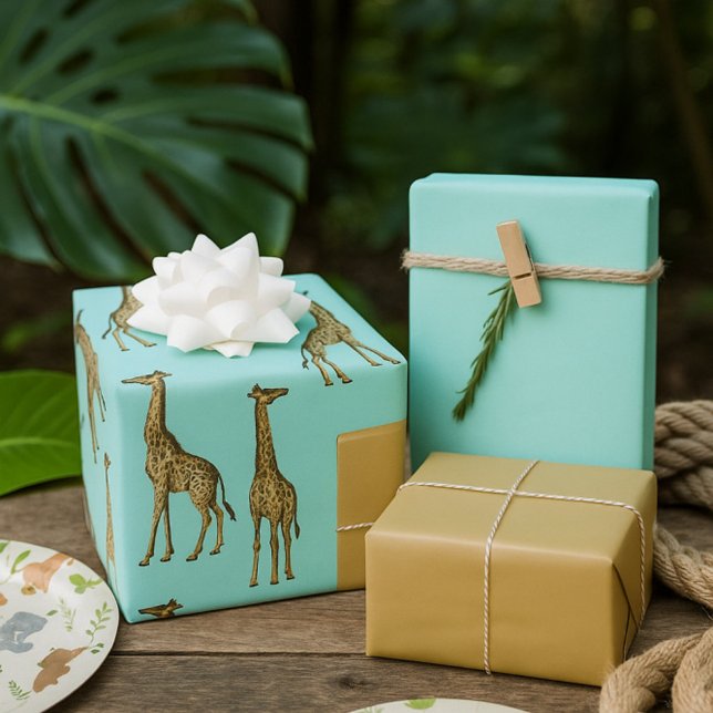 Feuille De Papier Cadeau Safari Chic Giraffe Blue Jungle (Créateur téléchargé)