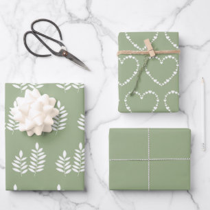 Feuille De Papier Cadeau Sage Vert tendance Minimaliste Simple Coeur Élégan