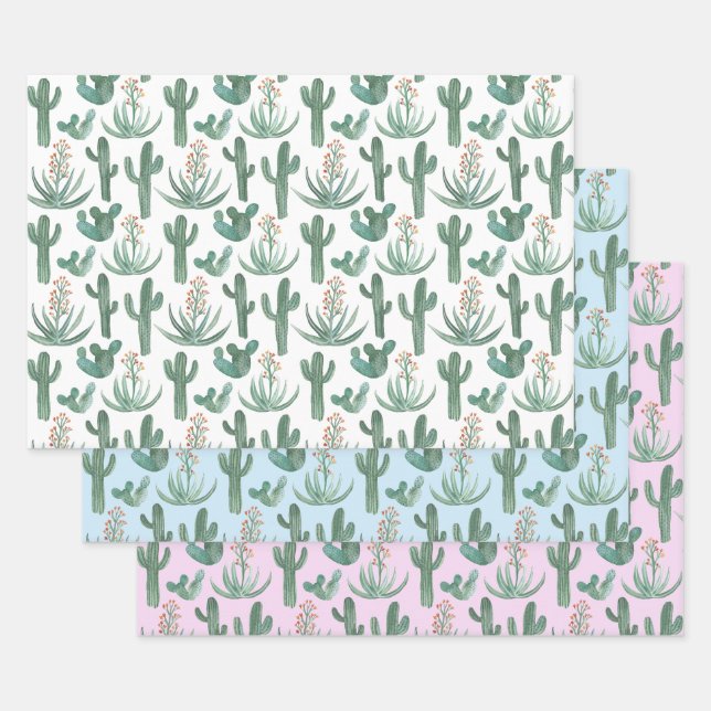 Feuille De Papier Cadeau Saguaro Cactus Désert Aquarelle Nature Botanique (Lot)