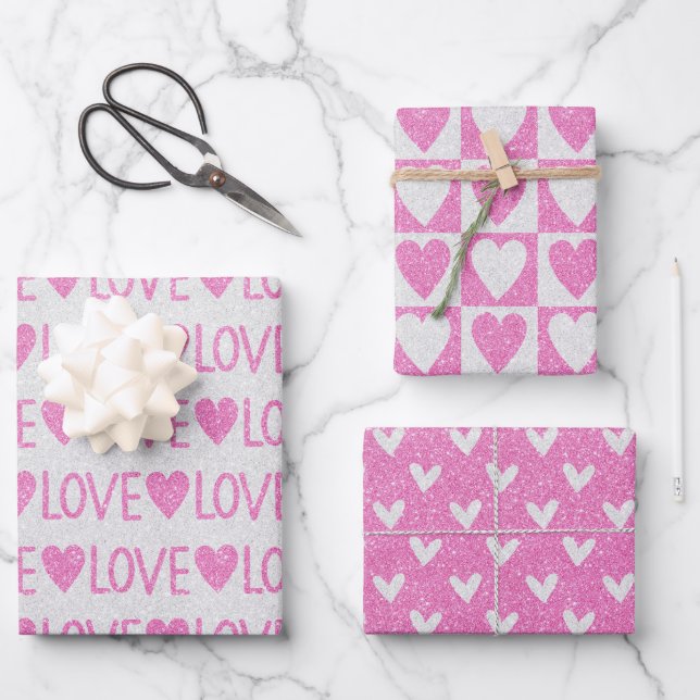 Feuille De Papier Cadeau Saint-Valentin Anniversaire rose blanc Coeurs de P (Recto)