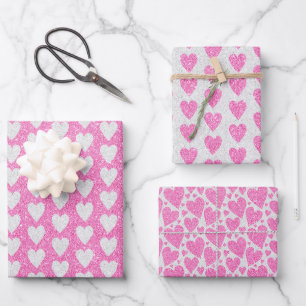 Feuille De Papier Cadeau Saint-Valentin Anniversaire Rose Blanc Paillettes 