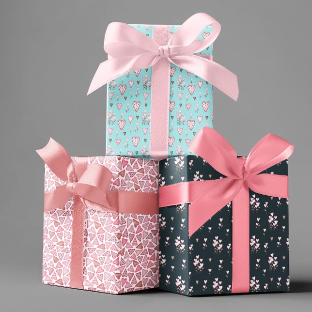 Feuille De Papier Cadeau Saint Valentin Aquarelle Coeurs Fleurs Motif (Créateur téléchargé)