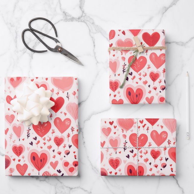 Feuille De Papier Cadeau Saint Valentin Coeurs rouge et rose (Recto)