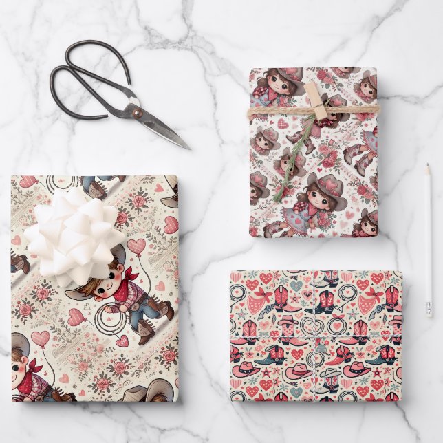 Feuille De Papier Cadeau Saint Valentin Cowboy & Cowgirl (Recto)