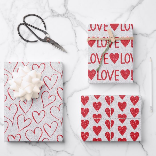Feuille De Papier Cadeau Saint Valentin Mariage Rouge Blanc Parties scintil (Recto)