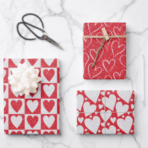 Feuille De Papier Cadeau Saint Valentin Rouge Blanc Coeurs de Parties scint