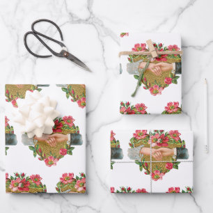 Feuille De Papier Cadeau Saint-Valentin victorien, Mains vintage avec fleur
