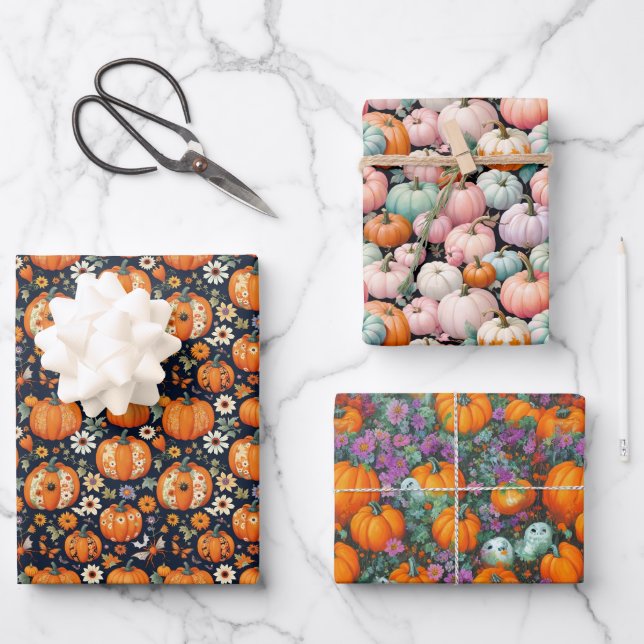 Feuille De Papier Cadeau Saison d'Halloween Citrouilles & Florals (Recto)