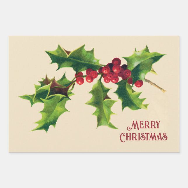 Feuille De Papier Cadeau Salutation de Noël vintage Holly (Devant)