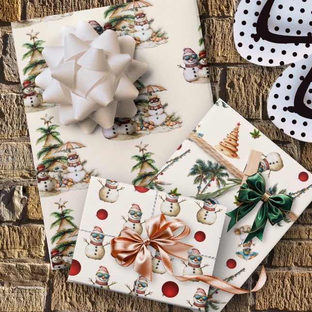 Feuille De Papier Cadeau Sandy Snowman Beach Motif de Noël (Créateur téléchargé)