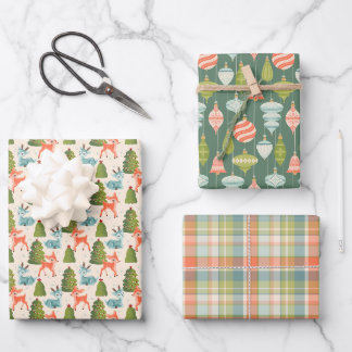 Feuille De Papier Cadeau Santa's Reindeer, Retro Christmas Baubles, Plaid