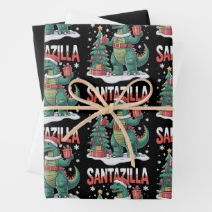 Feuille De Papier Cadeau Santazilla Monstre Japonais Kaiju Noël Dinosaure