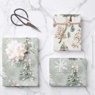 Feuille De Papier Cadeau Sapins de Noël Flocons de Crème Vert Pin