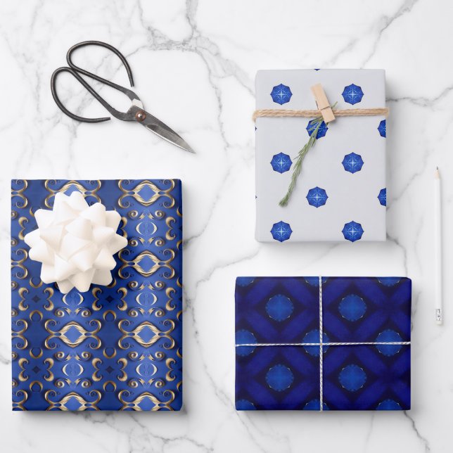 Feuille De Papier Cadeau Sapphire de luxe Bleu or modèle (Recto)