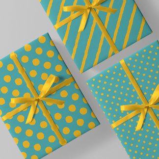 Feuille De Papier Cadeau Sarcelle avec rayures désordonnées jaunes et pois