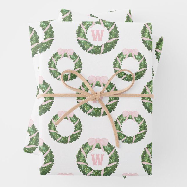 Feuille De Papier Cadeau Sash rose Bow Noël Monogramme Wreath (En situation)