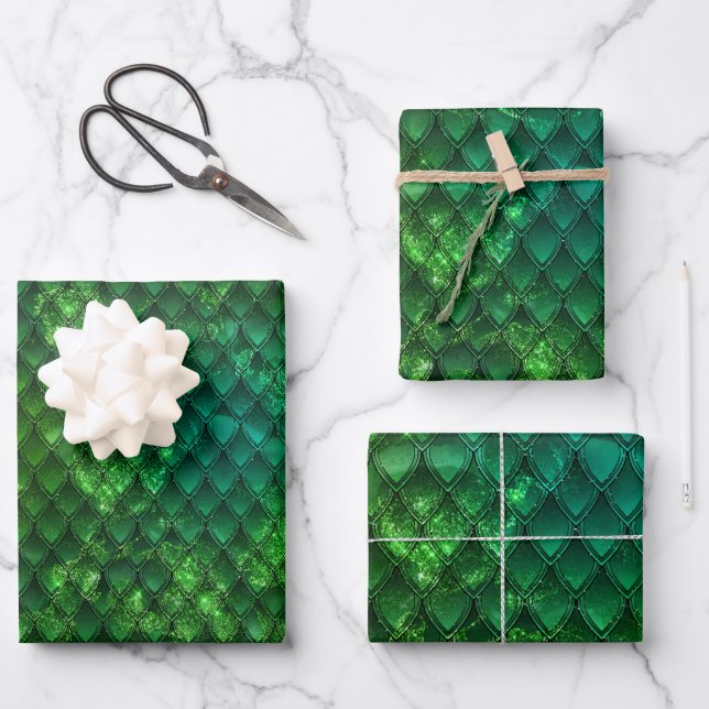 Feuille De Papier Cadeau Scales de dragon vert foncé (Recto)