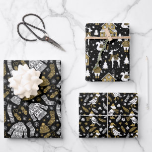 Feuille De Papier Cadeau Scandi hiver Noël Or & Forêt Noire
