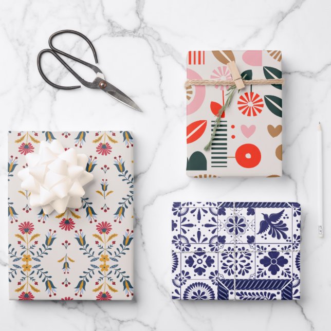 Feuille De Papier Cadeau scandinave fleurs abstraites folk motif (Recto)