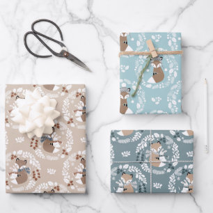 Feuille De Papier Cadeau Scandinave Style bois renard et lapins