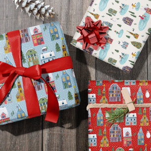 Feuille De Papier Cadeau Scène de village de maison d'hiver mignonne Noël