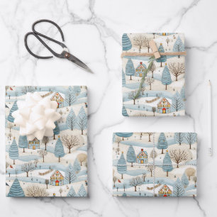 Feuille De Papier Cadeau Scène du village de neige