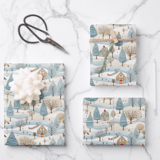 Feuille De Papier Cadeau Scène du village de neige (Recto)