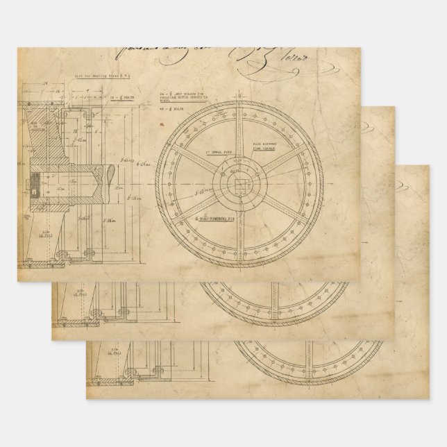 Feuille De Papier Cadeau Schéma circulaire mécanique sur Tan (Lot)