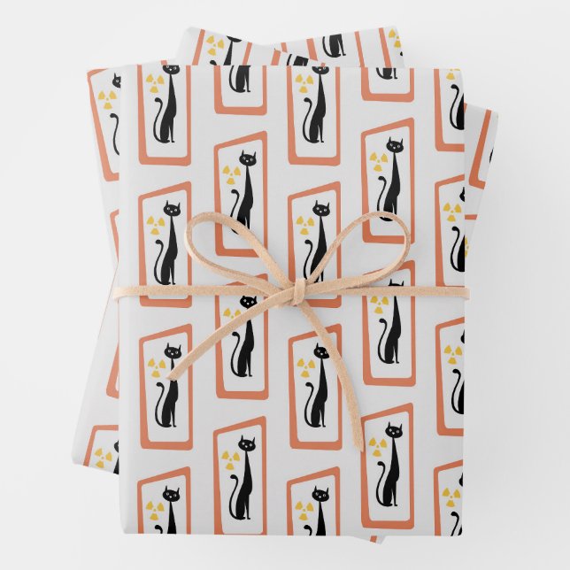 Feuille De Papier Cadeau Schrödinger's Cat Mid Century orange moderne (En situation)