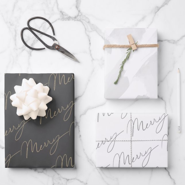Feuille De Papier Cadeau Script élégant Joyeux & Aquarelle gris (Recto)